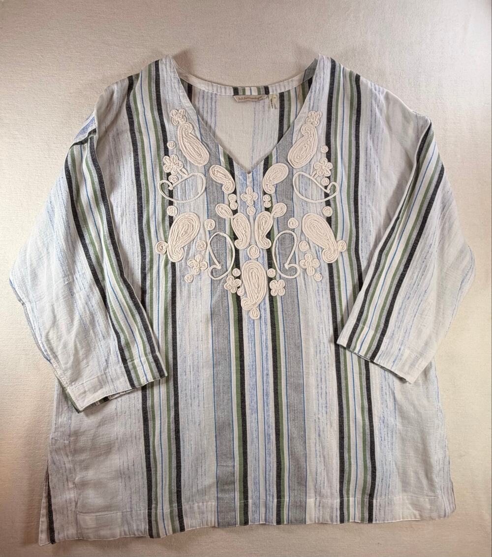 Soft Surroundings Manhattan Beach Tunic 1X Striped Embroidered Boho Top